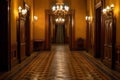 A dimly lit hallway with ornate doors, reminiscent of the iconic mansion. Generative AI