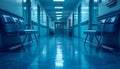 A dimly lit hospital corridor lined with blue chairs and a glossy reflective floor