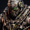 Gritty, steampunk-style robot with cybernetic enhancements and neon accents