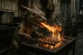 Fire-breathing creature grilling skewers in a smoky kitchen at dusk Royalty Free Stock Photo