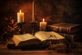 Dimly-lit Old book and candles on wooden table. Generate AI Royalty Free Stock Photo