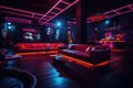 Dimly Lit Room With Couches and Tables, Interior of a night club with bright lights and stylish couches, The night club is Royalty Free Stock Photo