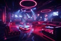 Dimly Lit Room With Couches and Tables, Relaxing Space, Interior of a night club with bright lights and stylish couches, The night Royalty Free Stock Photo