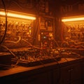 Dimly lit room filled with modular synthesizers and a network of cables. The Royalty Free Stock Photo