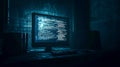Computer showing source code on monitor in dark room at night Royalty Free Stock Photo