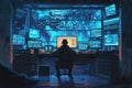 In a dimly lit room, a hacker focuses intently at a desk filled with glowing computer screens, engaged in complex