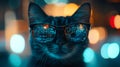 In a dimly lit room, a hacker works alongside a bespectacled cat using a computer, symbolizing themes of espionage