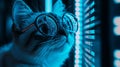 In a dimly lit room, a hacker works while a bespectacled cat uses a computer, highlighting themes of espionage, cyber