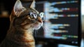 In a dimly lit room, a hacker works while a bespectacled cat uses a computer, illustrating themes of cyber espionage