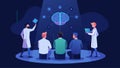 In a dimly lit room a team of neuroscientists huddle around a holographic projection of a brain using data mapping to