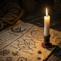 Mysterious ancient scroll illuminated by a single burning candle Royalty Free Stock Photo