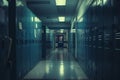 Dimly lit school hallway with rows of lockers