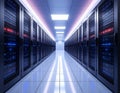 Dimly lit server room aisle with rows of glowing server racks and overhead lights data center Royalty Free Stock Photo