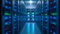 Data Center Server Room with Illuminated Racks and Cables (ai generated) Royalty Free Stock Photo