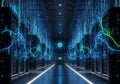 Dimly lit server room with rows of server racks on either side. Neon lights in blue, green, and Royalty Free Stock Photo