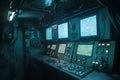 A dimly lit submarine control room filled with monitors and controls, depicting underwater navigation Royalty Free Stock Photo
