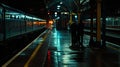 Dimly lit train station fading into the background as darkened figures exchange final farewells in the forefront.