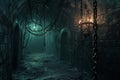 A dimly lit tunnel filled with chains hanging from the ceiling, creating a eerie and mysterious atmosphere, Petrifying dungeon