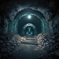 Dimly lit tunnel filled with rubble in abandoned mine with creepy atmosphere. Generative AI illustration