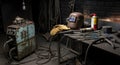 a dimly lit welding workshop featuring a vintage welding machine, protective gear, and various tools, evoking a sense of industria Royalty Free Stock Photo