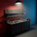 A dimly lit workshop features a sturdy metal workbench with open drawers and Royalty Free Stock Photo