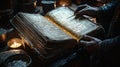 In dimly lit workshop monk like scribe carefully writes illuminated manuscript using quill and gold leaf surrounded ink Royalty Free Stock Photo