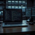 A dimly lit workspace features a laptop displaying lines of code, indicating programming or hacking activity Royalty Free Stock Photo