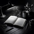 Cinematic Nighttime Workspace with Open Planner and Hot Coffee, Artistic Noir Style. AI Generated Image. Royalty Free Stock Photo