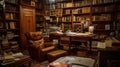 A dimlylit room with a leather armchair a bookshelf filled with journals and memoirs and a desk covered with letters and