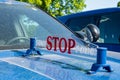 Dimondale MI - June 4, 2022: Dirty State of Michigan State Police car stop sign