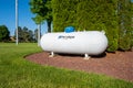 Dimondale MI - June 4, 2022: Large Ferrellgas white propane storage tank Royalty Free Stock Photo