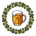 Dimpled glass beer mug framed by round frame made of beer hops branches with leaves and hop cones. Vector illustration