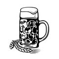 Dimpled Oktoberfest Glass Beer Mug and barley or wheat ear label logo design. Hand drawn vector illustration Royalty Free Stock Photo