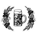 Dimpled Oktoberfest Glass Beer Mug in frame of hop branches with cones and leaves, wheat barley ears. Hand drawn vector Royalty Free Stock Photo