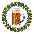 Dimpled Oktoberfest glass beer mug framed by round frame made of beer hops branches with leaves and hop cones. Vector illustration