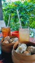 Food Dimsum, ice tea, and orange juice at Surakarta