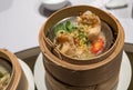 Dimsum Hagao in chinese bamboo basket traditional food in a restaurant. Royalty Free Stock Photo