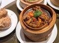 Dimsum Hagao in chinese bamboo basket traditional food in a restaurant. Royalty Free Stock Photo