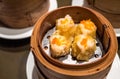 Dimsum Hagao in chinese bamboo basket traditional food in a restaurant. Royalty Free Stock Photo