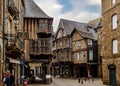 Old house on medieval street in Dinan, Brittany, France.