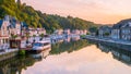 Dinan Marina Reflecting in Rance River at Sunrise in Bretagne, Cotes d`Armor, France