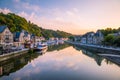 Dinan Marina Reflecting in Rance River at Sunrise in Bretagne, Cotes d`Armor, France