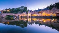 Dinan and Medieaval Stone Houses Reflecting in Rance River at Dusk in Summer in Bretagne, Cotes d`Armor, France