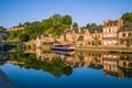 Dinan Stone Houses and Bridges Reflecting in Rance River at Sunrise in Bretagne, Cotes d`Armor, France