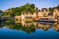 Dinan Stone Houses and Bridges Reflecting in Rance River at Sunrise in Bretagne, Cotes d`Armor, France