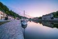 Dinan Stone Houses and Marina Reflecting in Rance River at Dawn in Bretagne, Cotes d`Armor, France