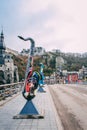 DINANT, BELGIUM - Feb 19, 2014: Saxophone statue on the bridge village