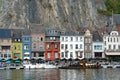 Horizontal view of the Meuse River and the historic old riverside town of Dinant in Belgium