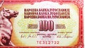 100 Dinara banknote, Bank of Yugoslavia, closeup bill fragment shows Face value, issue 1965 Royalty Free Stock Photo