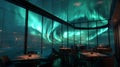 Experience aurora borealis dining: a night under the northern lights restaurant view wonderlands Royalty Free Stock Photo